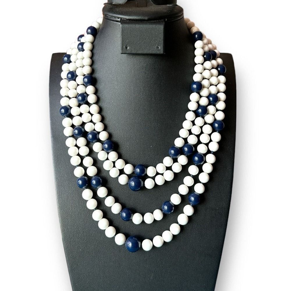 Vintage Monet Blue & White Glass Bead Necklace Heavy 4 Layers Hook Clasp